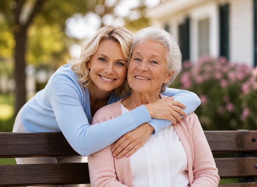 Eine Frau umarmt eine lächelnde ältere Dame, die auf einer Gartenbank sitzt